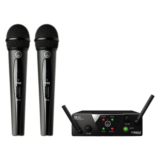Wireless AKG WMS 40 Mini US25 dual vocal microphone set with handheld microphones and receiver unit.