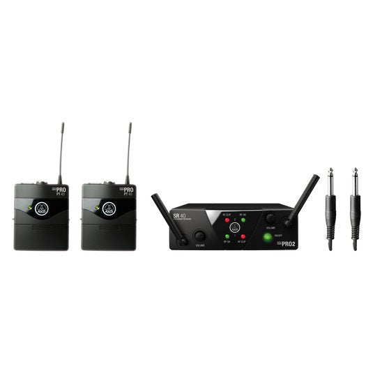 Wireless microphone system featuring AKG WMS 40 Mini US25 dual instrument microphones with B and D connectors.