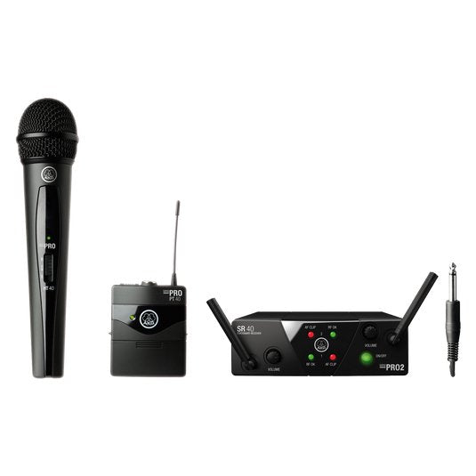 AKG WMS 40 Mini US25 dual wireless microphones with handheld microphones and receiver, used for professional audio applications.