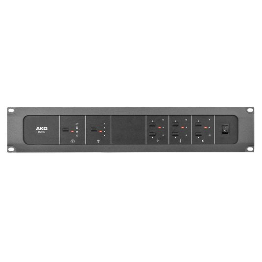 AKG CS3 base unit used with PA cables and adaptors, featuring input and output ports for professional audio connections.