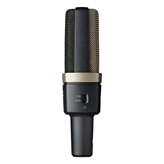 AKG C314 multi-pattern condenser studio microphone with black body and grille, used for professional recording and sound capture.