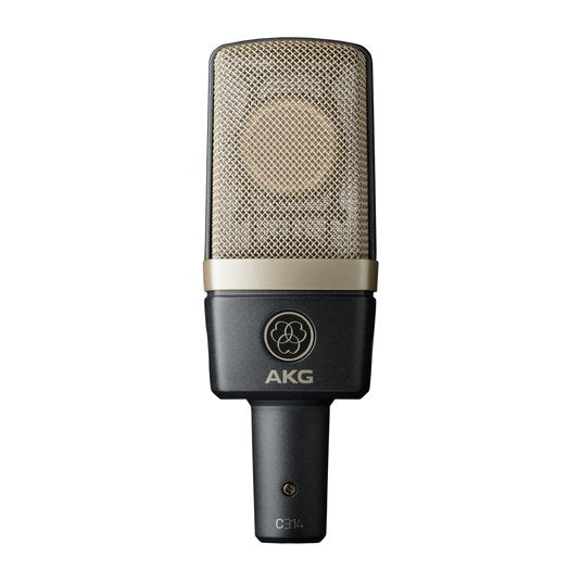 Pair of AKG C314 studio condenser microphones showing their sleek black design and microphone capsules for professional recording.