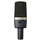 Pair of AKG C314 studio condenser microphones with black bodies and silver capsules, used for professional audio recording.