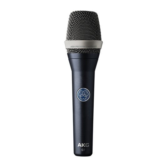 AKG C7 handheld condenser microphone for live performances, wired microphone with a sleek black design and professional build.