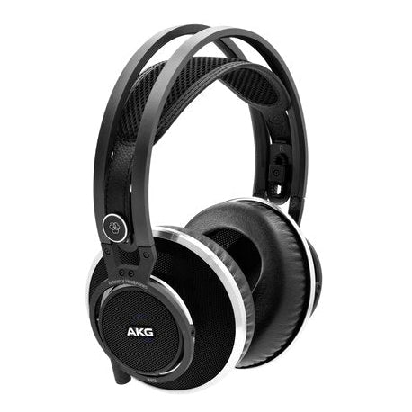 Open-back AKG K812 studio headphones with large ear cups and detailed drivers for accurate sound reproduction.