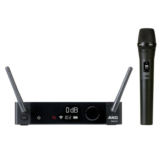 AKG DMS 300 wireless microphone system with handheld microphone and receiver, 2.4GHz digital audio transmission.