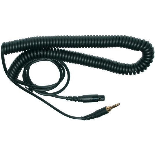 AKG Mini-XLR to 3.5mm coiled headphone cable, audio accessory for professional headphones, black, with connectors visible.