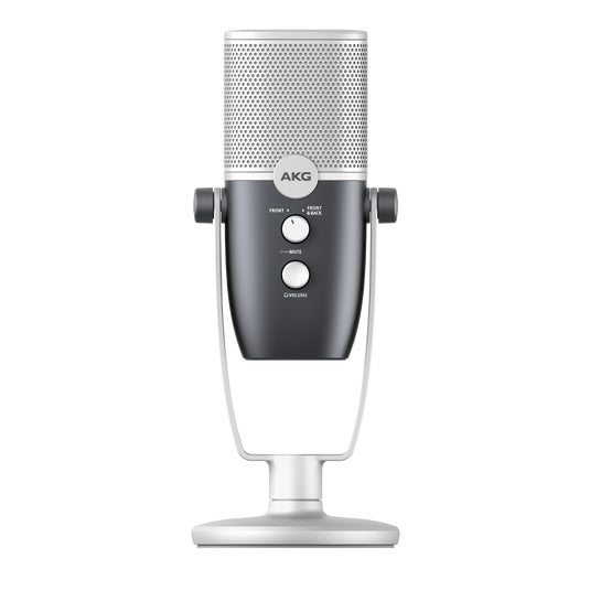 AKG ARA USB condenser microphone connected to a computer, featuring a sleek black design and built-in controls for high-quality audio recording.