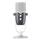 AKG ARA USB condenser microphone connected to a computer, featuring a sleek black design and built-in controls for high-quality audio recording.