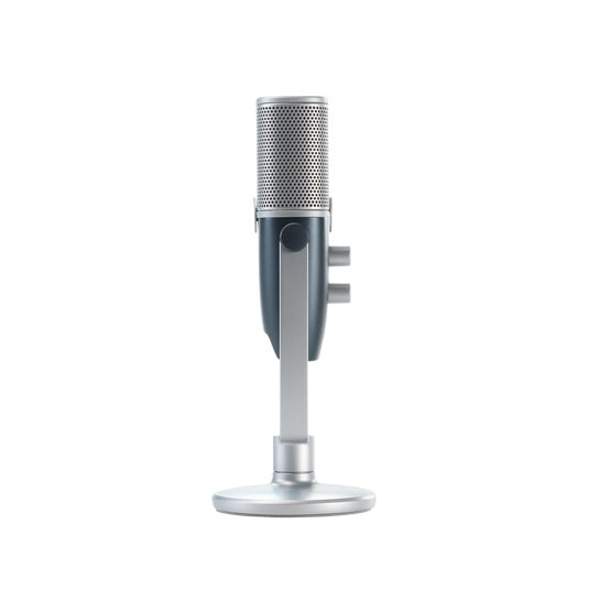 AKG ARA USB condenser microphone on a desktop, featuring a sleek black design and built-in controls for high-quality audio recording.