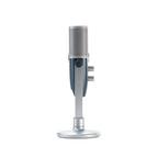 AKG ARA USB condenser microphone on a desktop, featuring a sleek black design and built-in controls for high-quality audio recording.