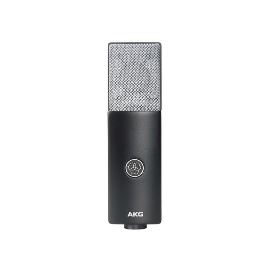AKG C104 large diaphragm condenser studio microphone with metal grille and control switch, designed for professional recording.
