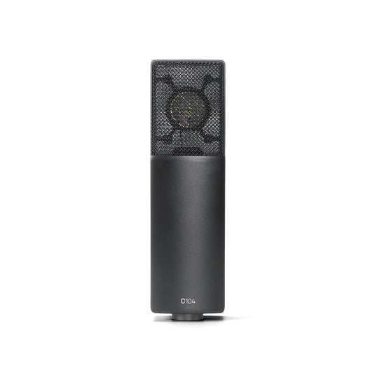 AKG C104 large diaphragm condenser microphone used for studio recording, with a black body and silver grille.