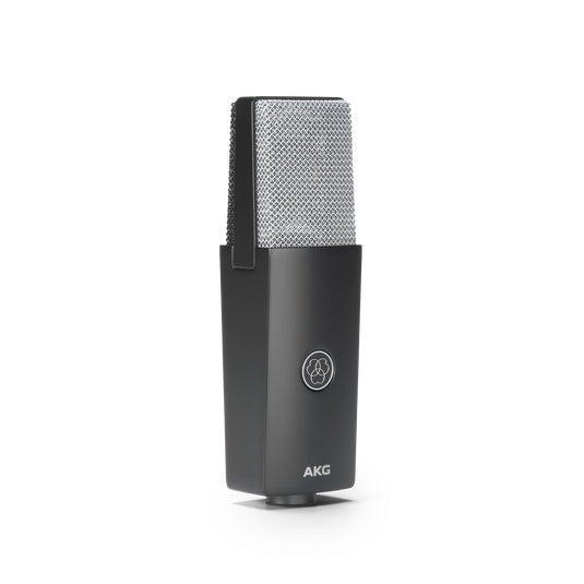 AKG C104 large diaphragm condenser microphone for studio recording, shown with its professional-grade design and microphone grille.