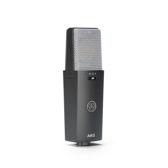 AKG C114 multi-pattern condenser studio microphone with adjustable capsule and metal grill for professional recording.