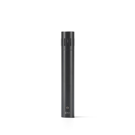 AKG C151 small diaphragm condenser microphone for studio recording, shown with sleek design and professional audio equipment.