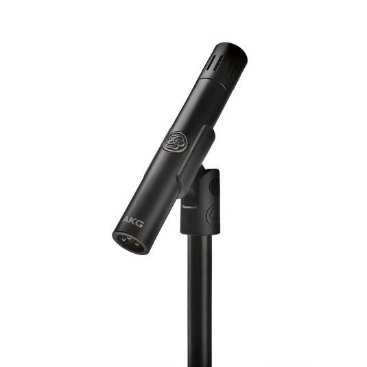 AKG C151 small diaphragm condenser microphone for studio recording, shown with its sleek black body and gold accents.