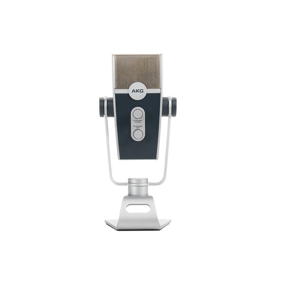 AKG Lyra USB microphone on a desk, featuring a sleek design with multiple pickup modes and a sturdy stand for professional audio recording.