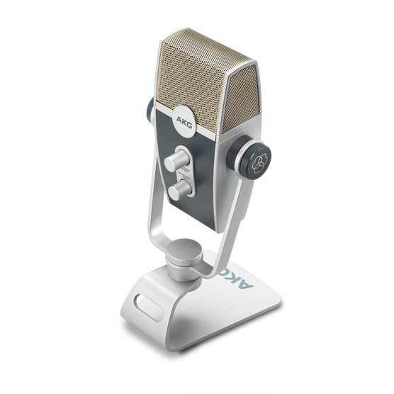 AKG Lyra USB Microphone with adjustable stand and controls, designed for high-quality audio recording and streaming.
