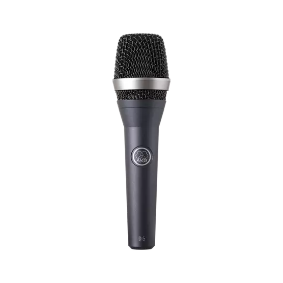 AKG D5 professional dynamic wired vocal microphone with a black metal body and built-in grille, designed for live singing performances.