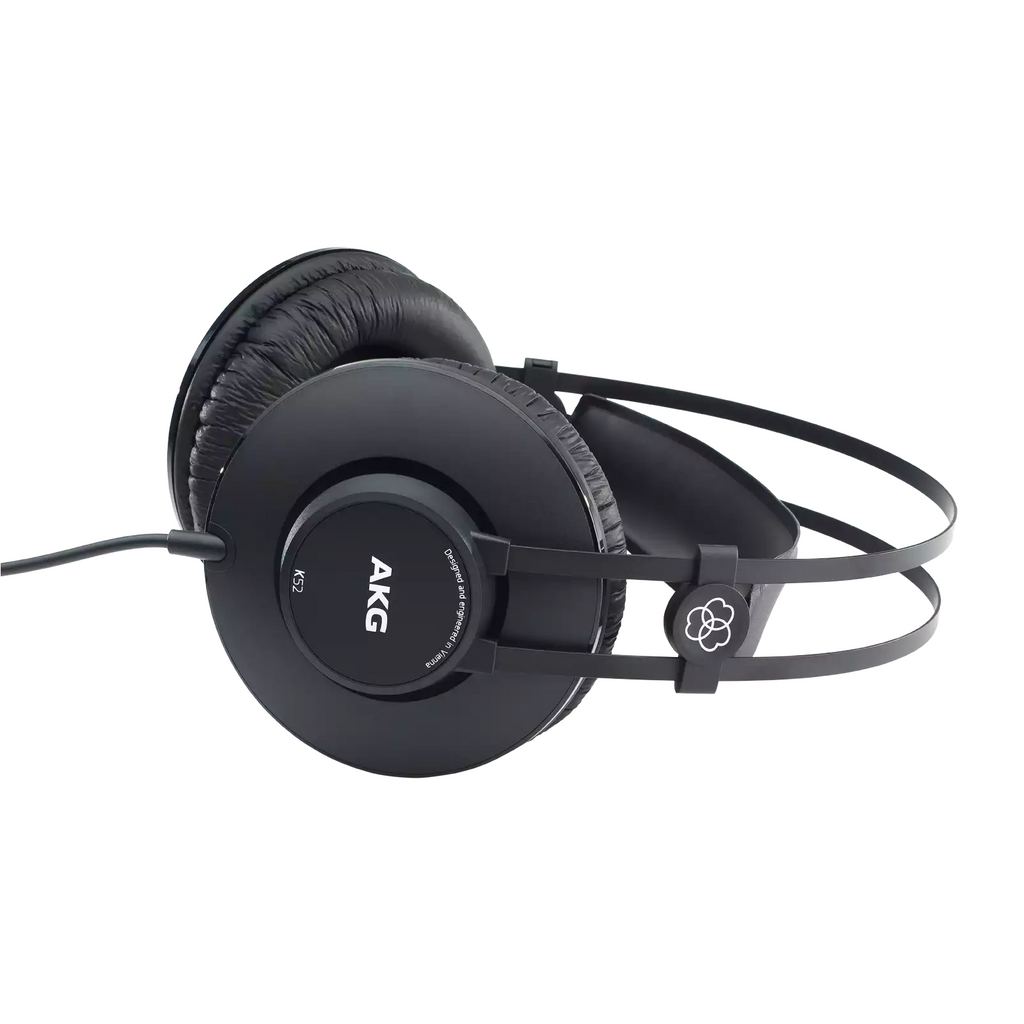 AKG K52 closed-back studio headphones with over-ear design and black ear cups, ideal for audio monitoring and mixing.