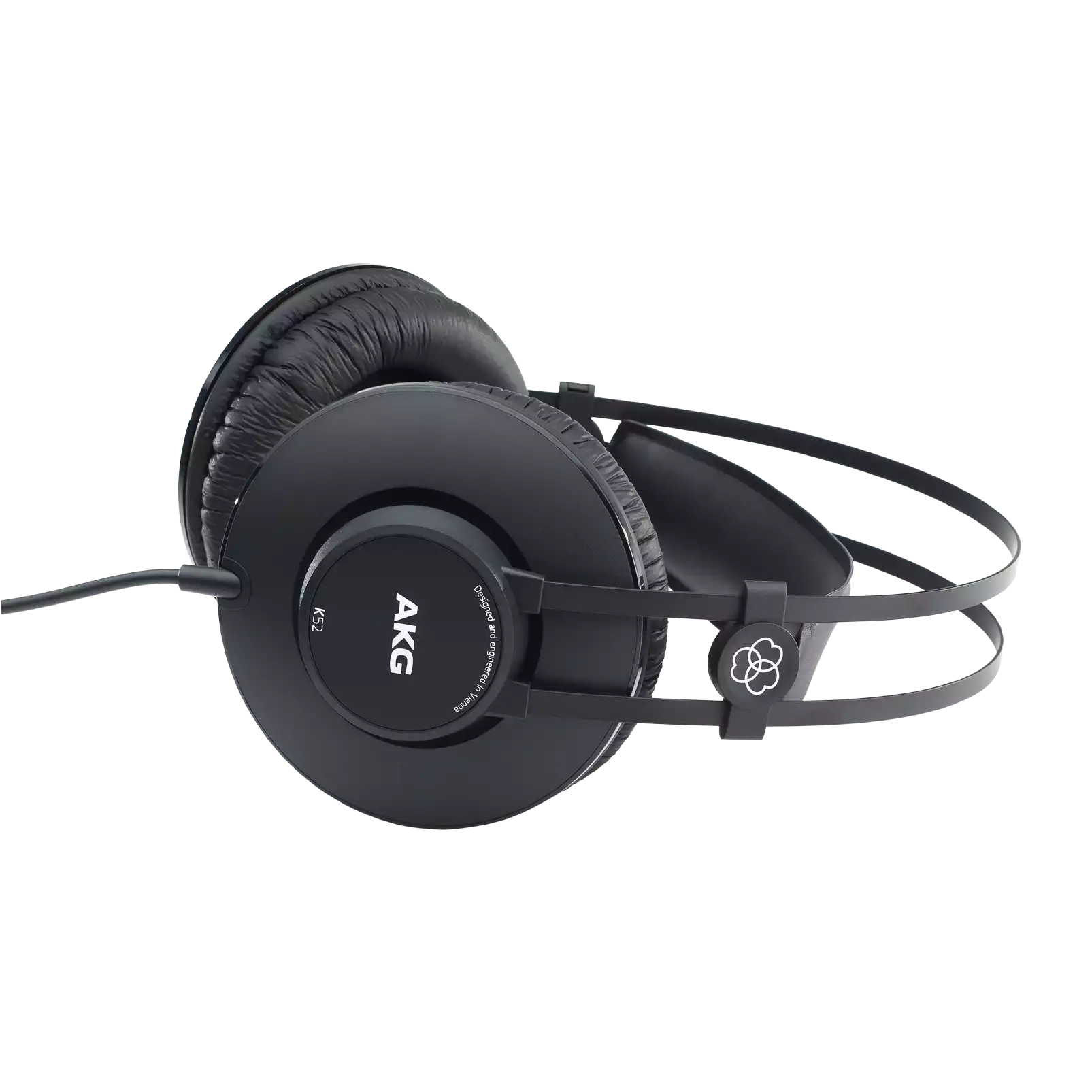 AKG K52 closed-back studio headphones with over-ear design and black ear cups, ideal for audio monitoring and mixing.