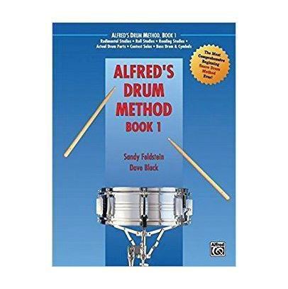 Alfred's Drum Method Book 1 for snare drum by Feldstein & Black, showing the book cover with drum notation and title.