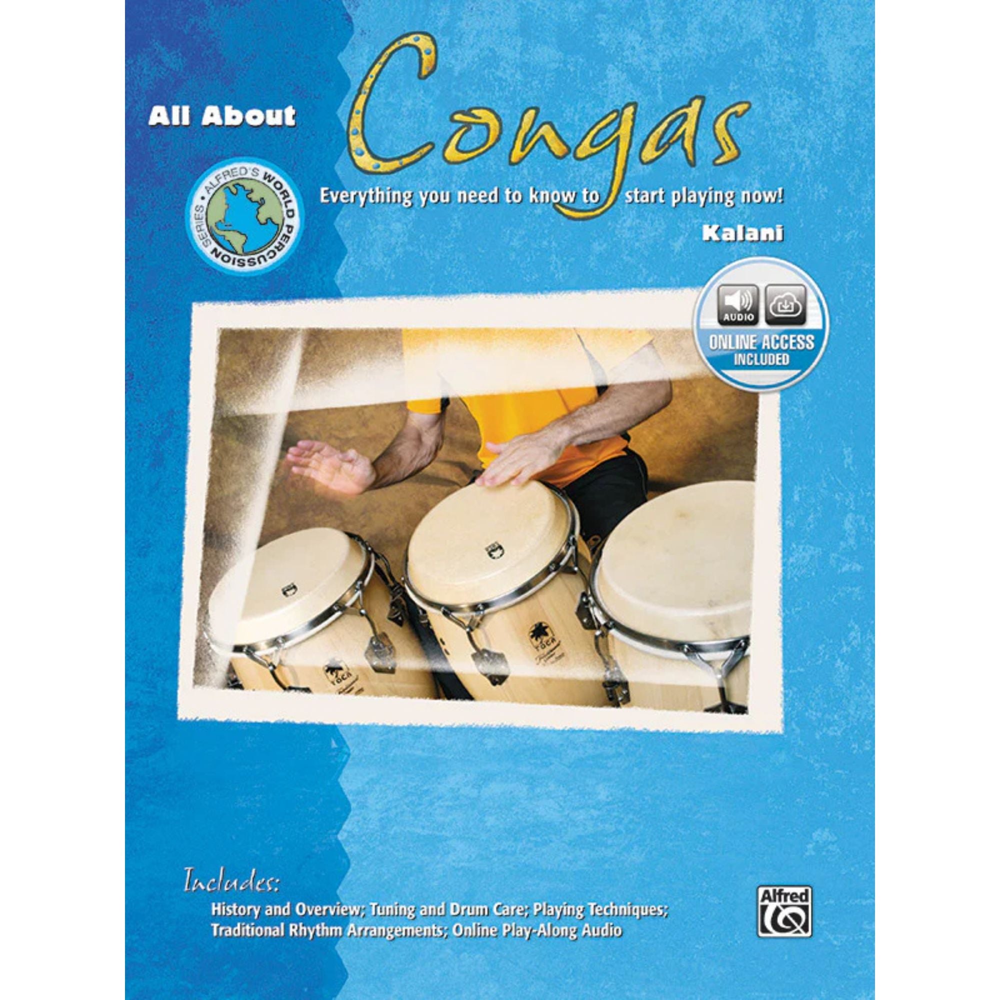 All About Congas Kalani drum book and DVD set, instructional materials for learning conga drumming techniques.