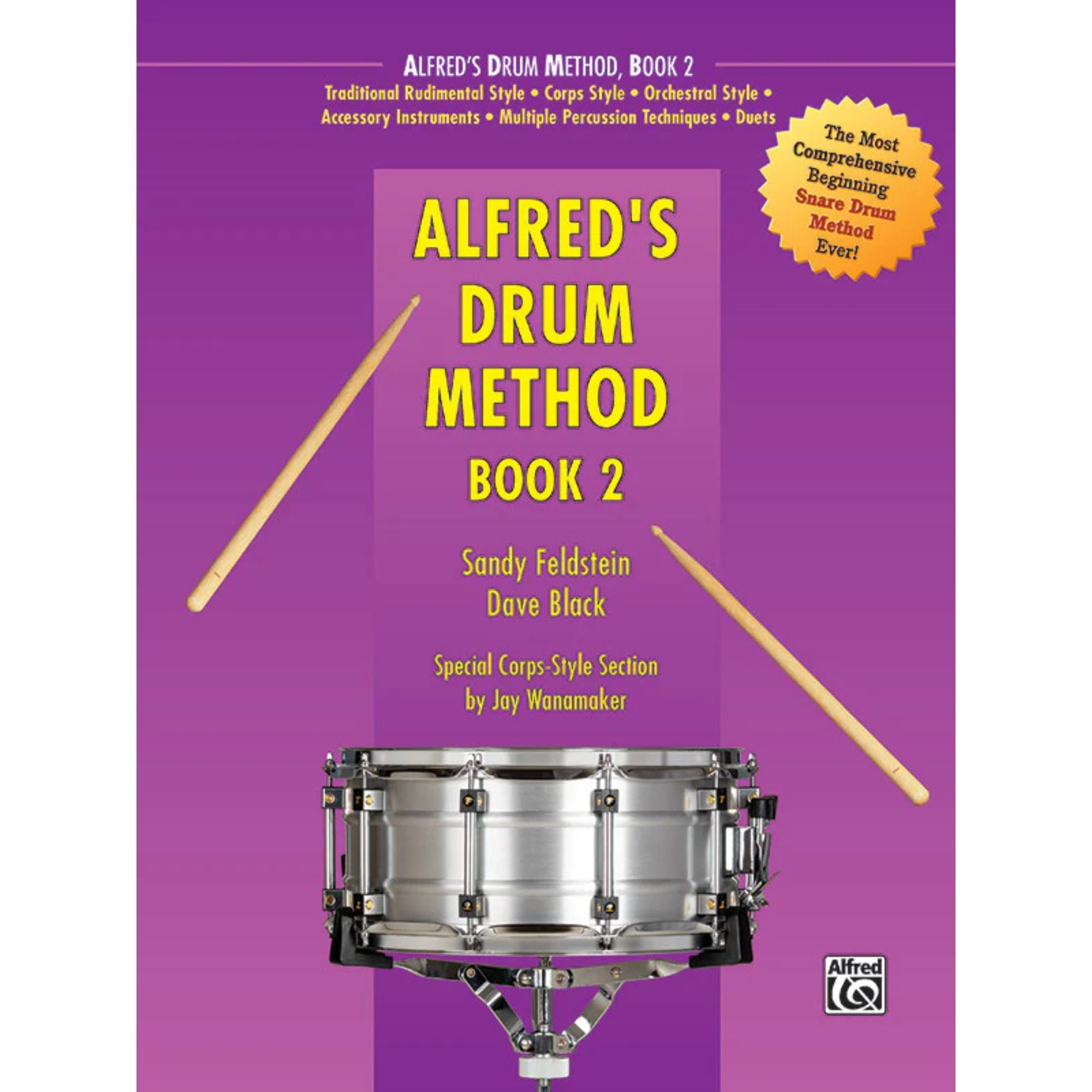 Alfreds Drum Method Book 2 by Alfred Music Publishing, featuring drum notation and exercises on the cover.