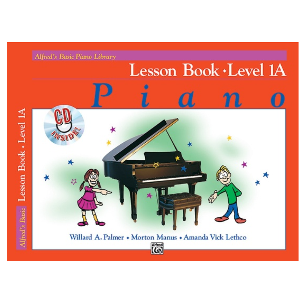 Alfred's Basic Piano Library Lesson Book Level 1A, a beginner's piano book with colorful cover and musical notes.
