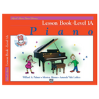 Alfred's Basic Piano Library Lesson Book Level 1A, a beginner's piano book with colorful cover and musical notes.