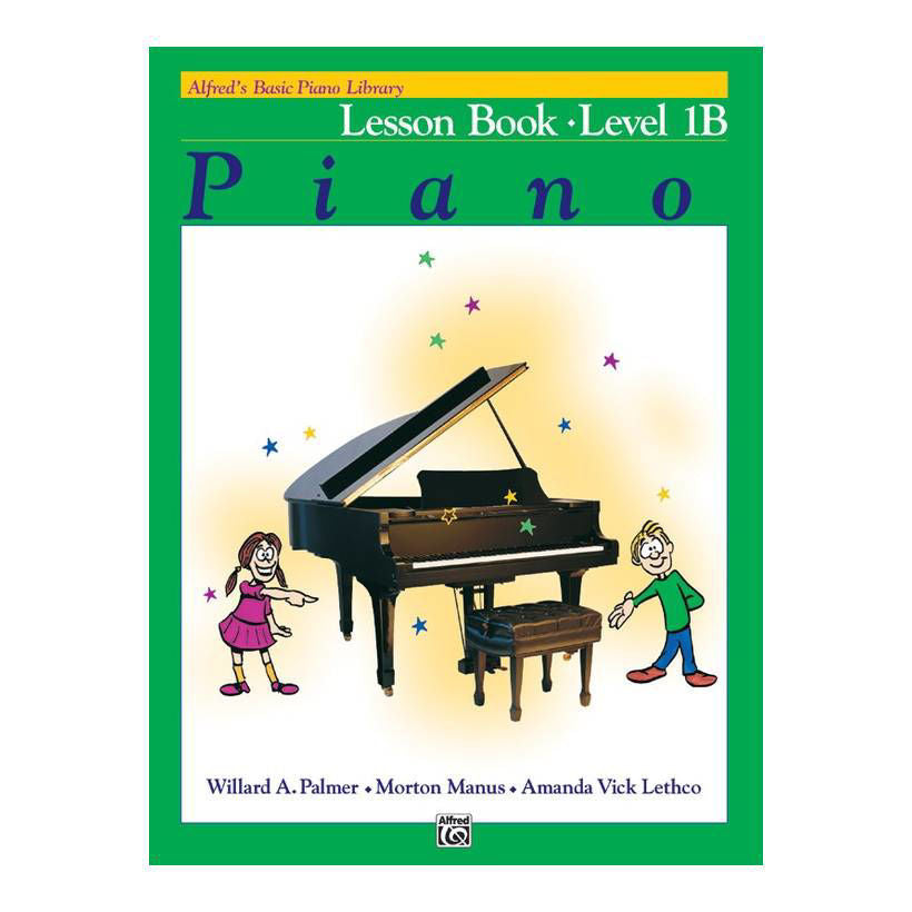 Alfreds Basic Piano Library Lesson Book Level 1B, a beginner piano book with colorful cover and musical notes.