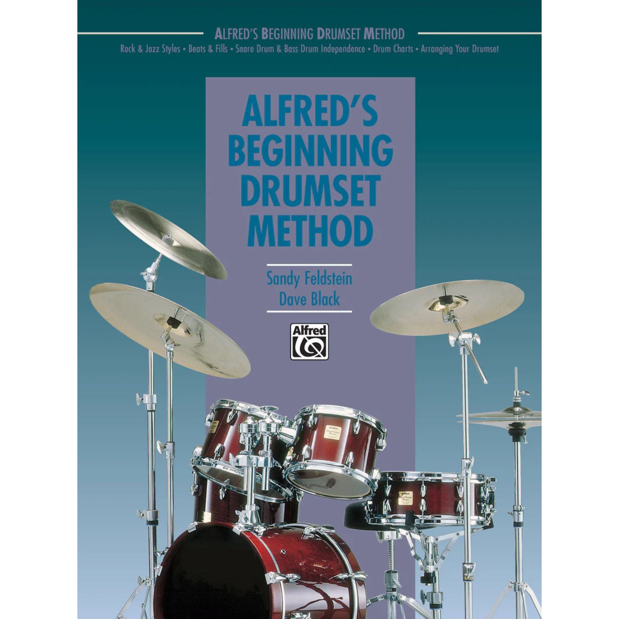 Alfreds Beginning Drumset Method book and DVD by Alfred Music Publishing, showing a drum set and instructional materials.