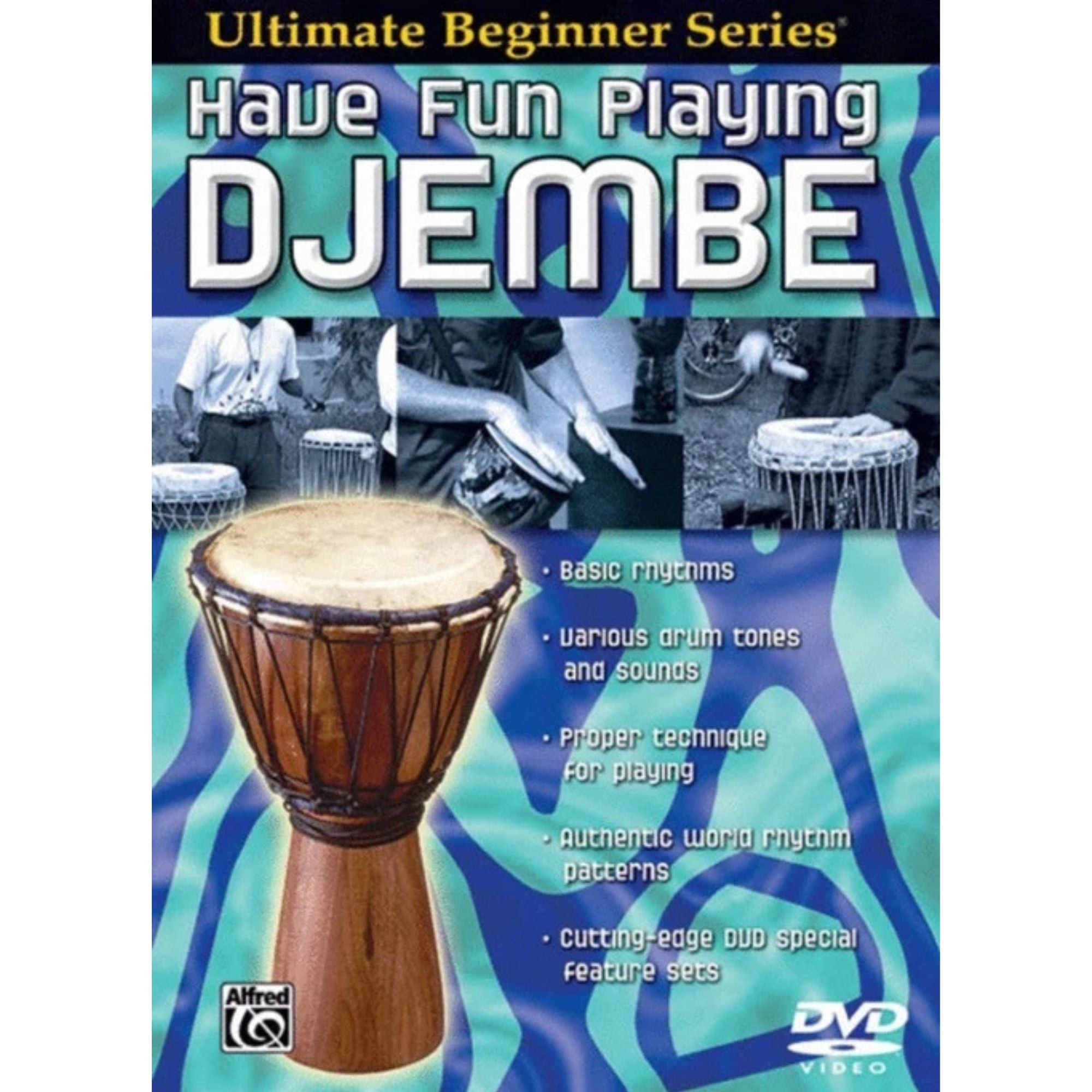 Djembe drum playing DVD from Books, featuring instructional visuals for learning traditional West African drumming techniques.