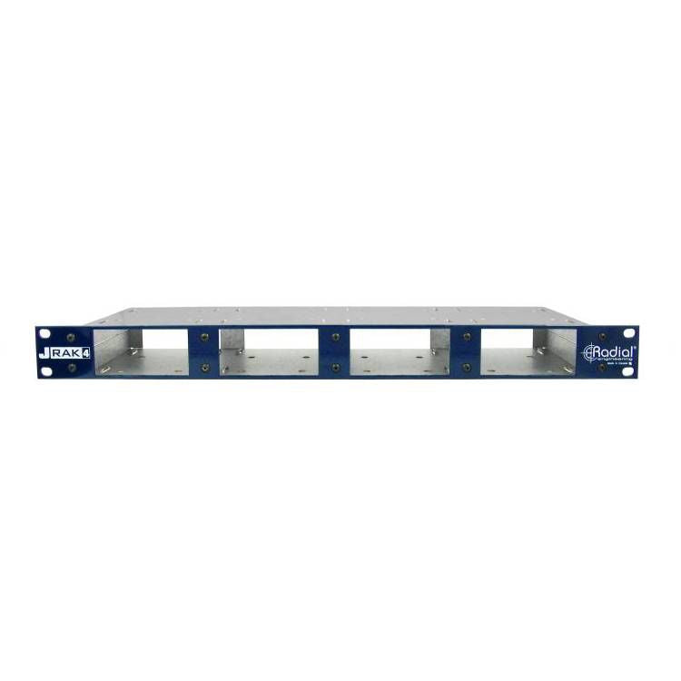 Radial J-RAK4 1RU rack adaptor shelf mounted in a professional audio rack setup, showcasing sturdy metal construction.