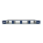 Radial J-RAK4 1RU rack adaptor shelf mounted in a professional audio rack setup, showcasing sturdy metal construction.