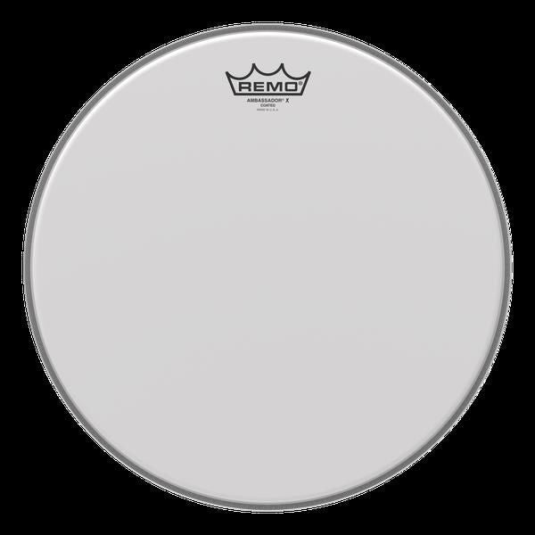 Remo Ambassador X coated 18-inch drumhead, a high-quality drum head for drums, with a smooth coated surface and branded logo.