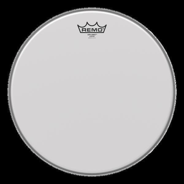 Remo Diplomat coated 13-inch drumhead showing a close-up of the black coated surface and drumhead branding.