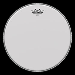 Remo Emperor coated 8-inch drumhead mounted on a drum, showcasing its textured surface and branding details.