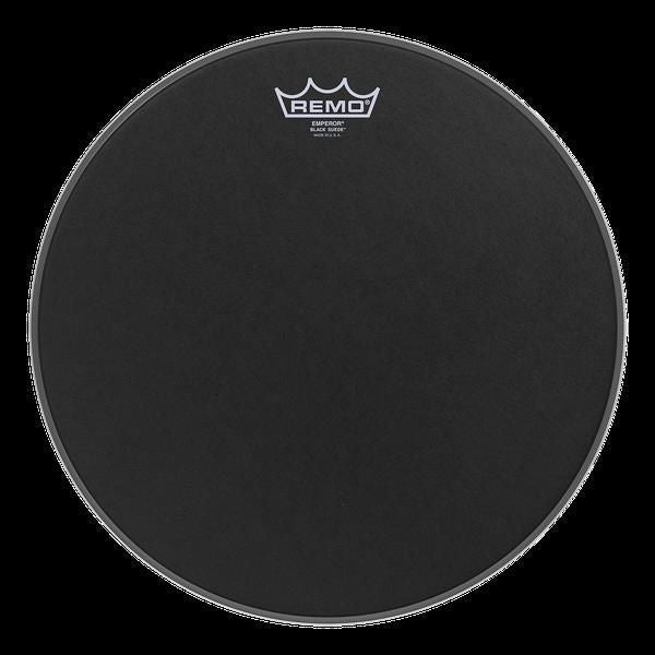 Remo Emperor Black Suede 12-inch drumhead with a smooth black suede surface, designed for a warm, resonant drum sound.