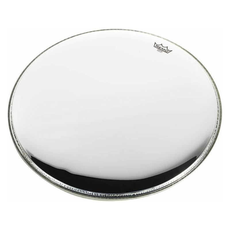 Remo Powerstroke 3 Starfire Chrome 20-inch bass drumhead for drum set, featuring a glossy chrome finish and durable construction.