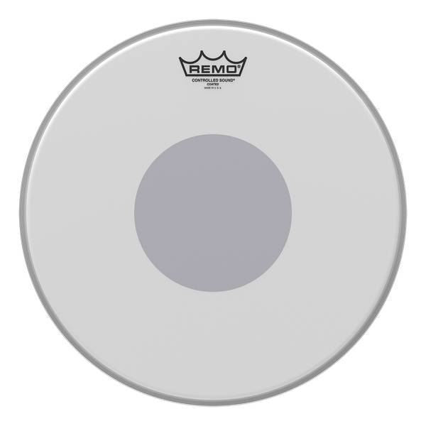 Remo CS-0116-10 coated 16-inch drumhead with black dot for controlled sound and durability, shown on a drum set.