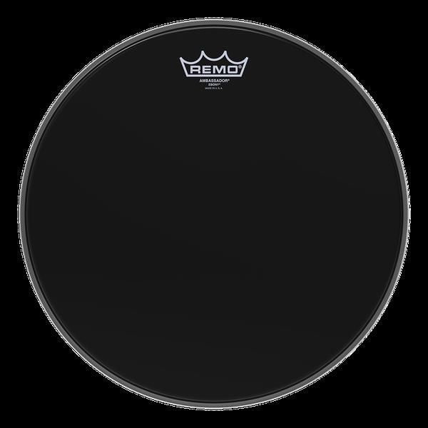 Remo Ambassador Ebony 12-inch drumhead, black drum head for drums, showcasing the textured ebony finish and branding.