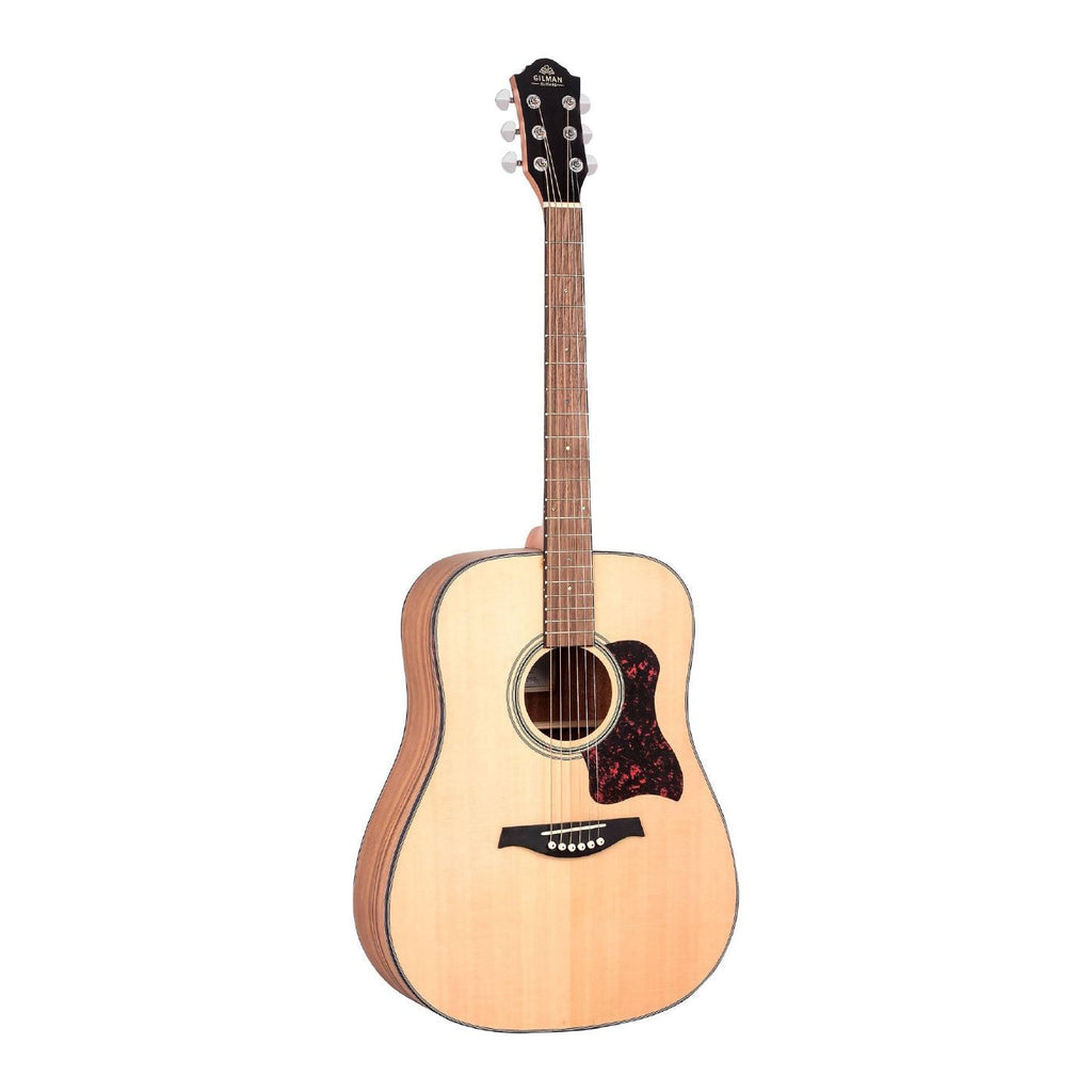 Gilman GD10 dreadnought acoustic guitar in natural satin finish, showing the full body and neck of the guitar.