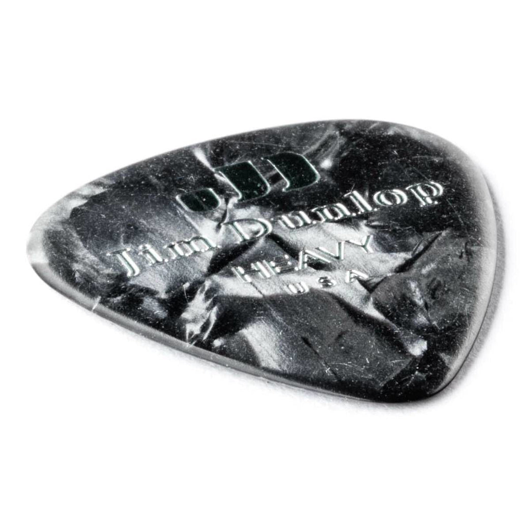 Set of 12 Jim Dunlop Celluloid Black Pearloid heavy guitar picks, featuring durable, stylish picks for electric guitar players.