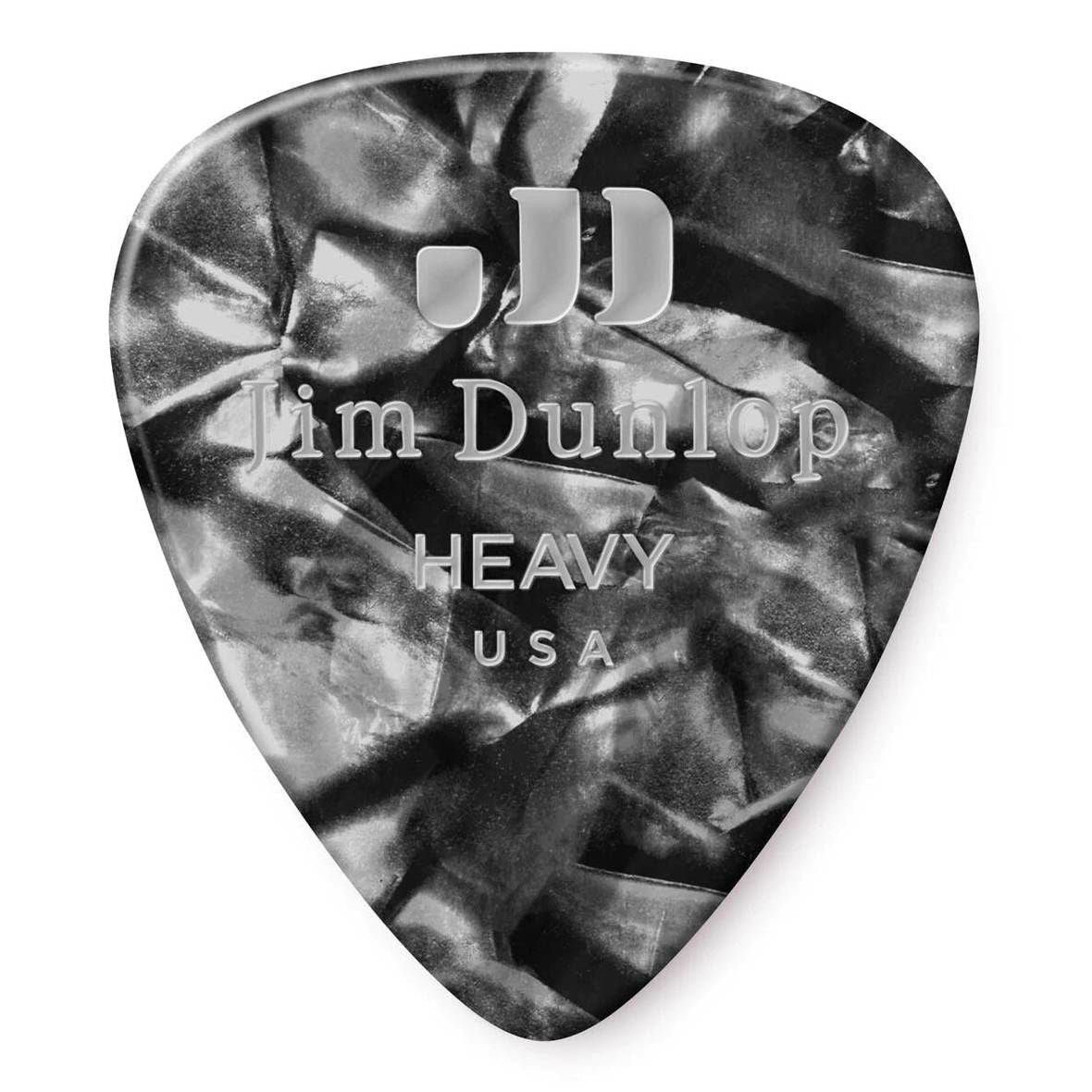 Set of 12 Jim Dunlop Celluloid Black Pearloid heavy guitar picks with a glossy finish and pointed tip for precise playing.