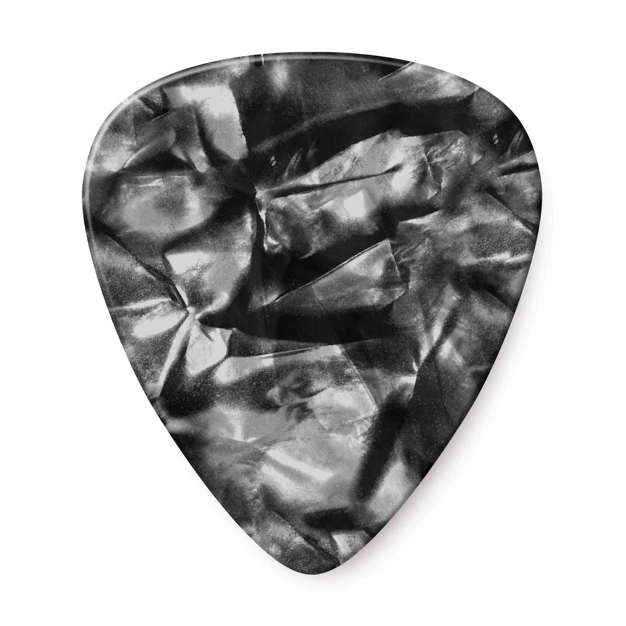 Set of 12 Jim Dunlop Black Pearloid Celluloid Heavy Guitar Picks arranged in a pack, showcasing their glossy finish and classic shape.