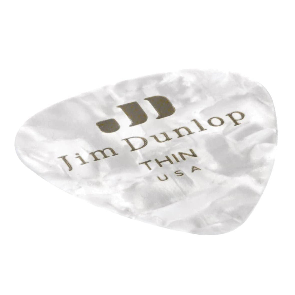 Set of 12 Jim Dunlop white pearl thin guitar picks, made of celluloid, with a smooth, glossy finish for precise strumming and picking.