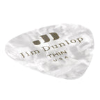 Set of 12 Jim Dunlop white pearl thin guitar picks, made of celluloid, with a smooth, glossy finish for precise strumming and picking.