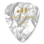 Dunlop Jim Dunlop celluloid White Pearl Thin guitar pick pack with 12 picks, showcasing white pearl finish and thin gauge for strumming.